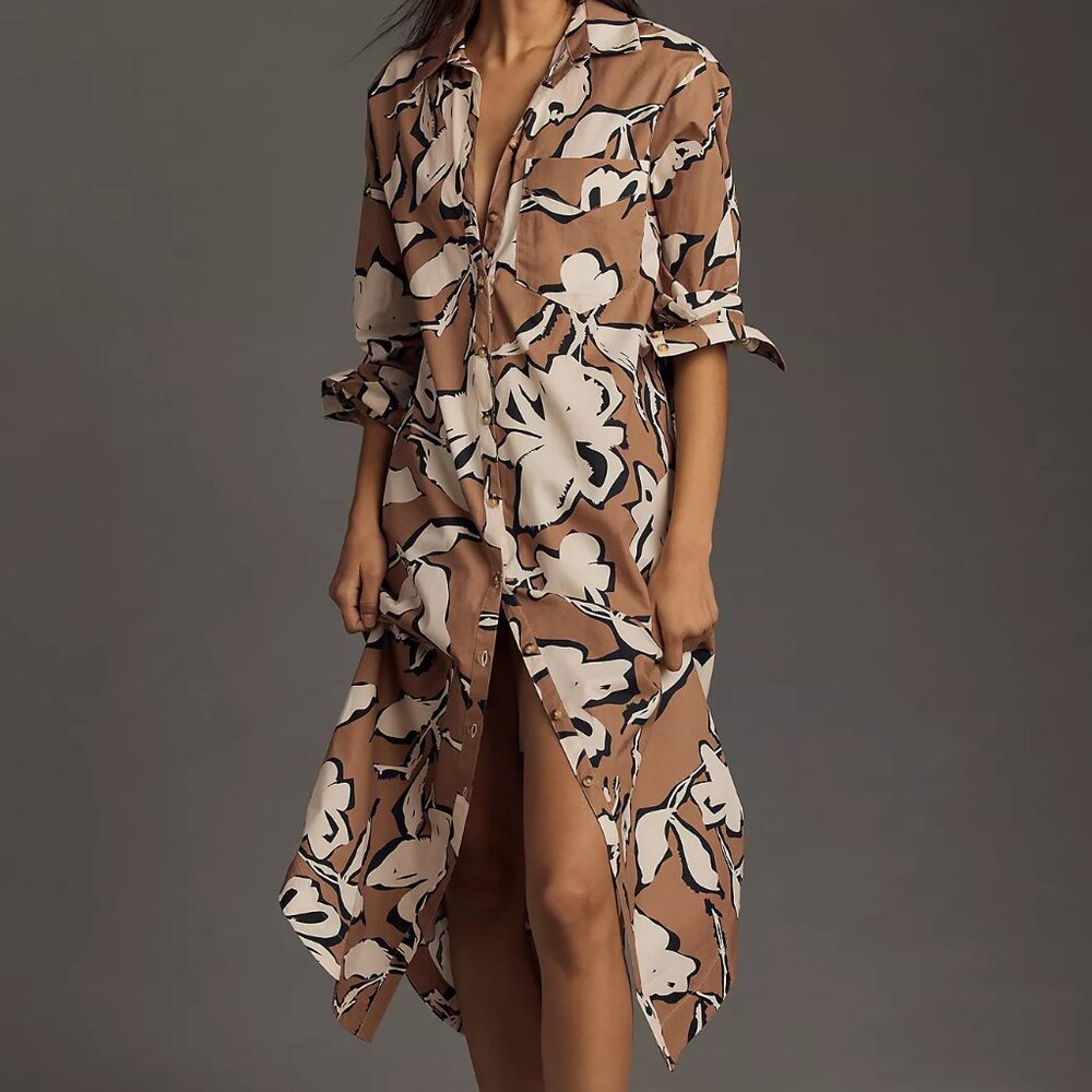 Anthropologie Brown Floral Button-Front Midi Shirt Dress